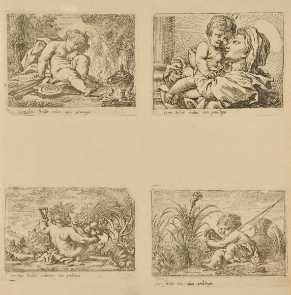VIRGIN AND CHILD; CHILD WITH BELLOWS AND TONGS, SITTING BY FIRE; AUTUMN, REPRESENTED BY CHILD WITH CORNUCOPIA OF FRUIT; CHILD FISHING