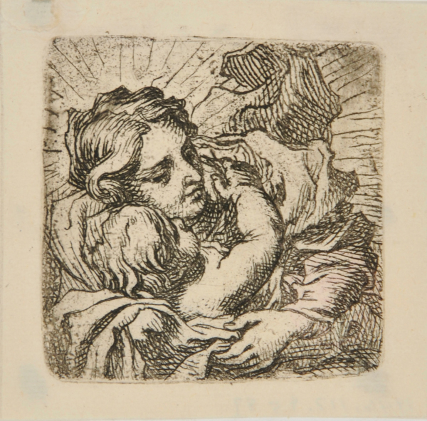 VIRGIN, WITH FLOATING DRAPERIES, EMBRACED BY CHILD