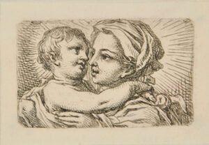 Head and Shoulders of Virgin, Turned to Left, Holding Child with Arms About Her Neck