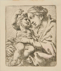 Virgin, Turned to Left, Holding Child with Right Arm Upraised