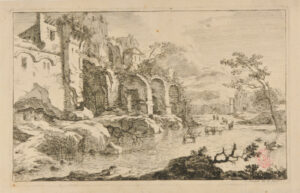 Man Driving Cattle Through River, Ruined Building on Left
