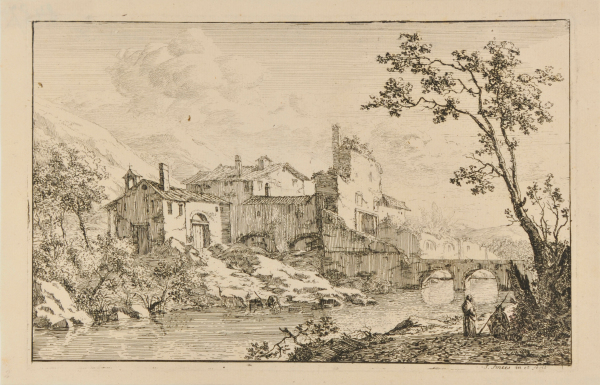 BUILDINGS ON THE BANK OF A RIVER SPANNED BY A TWO-ARCHED BRIDGE