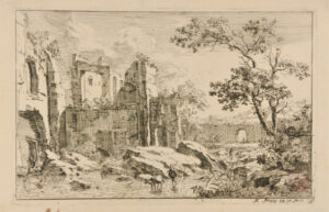 Man and Ox Fording a Stream Near Some Ruins