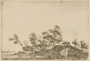 The Flock and Man on Horseback on Bridge