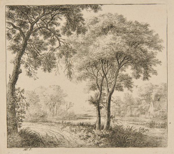 HOUSE WITH SHRUBBERY ON THE BANK OF A RIVER