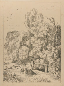 Girl Crossing Bridge by Willow Trees