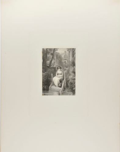 GIRL WITH PITCHER SITTING ON STEPS BY BROOK