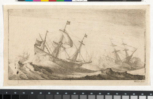 THREE SHIPS IN A ROUGH SEA WITH A SPOUTING WHALE