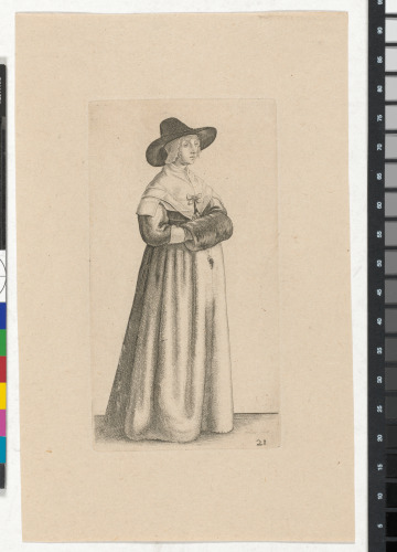 WOMAN WITH LARGE BRIMMED HAT, CARRYING A MUFF