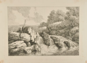 Two Fishermen Climbing Rocks by Waterfall