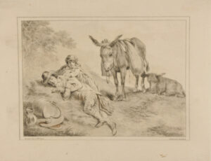 Man Asleep and Woman Sitting on the Ground by a Standing Donkey