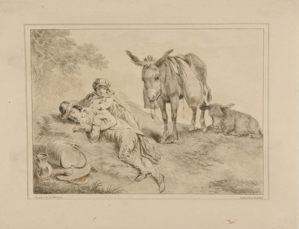 MAN ASLEEP AND WOMAN SITTING ON THE GROUND BY A STANDING DONKEY