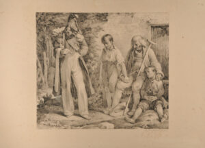 Soldier and old man with crutch and children