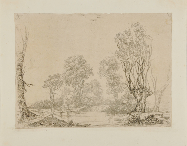 LANDSCAPE, WITH WOODEN BRIDGE ACROSS RIVER