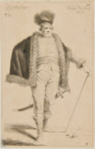 Full Length of Man to Right, Wearing Cap, Cape, and Sword