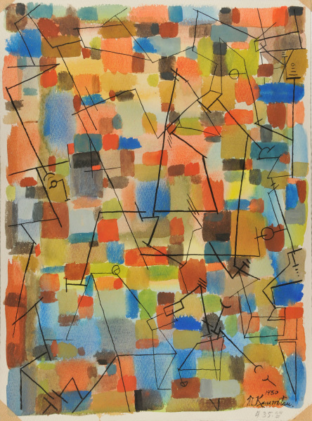 Abstract Composition with Brushstroke Squares of Color and Black Symbol Lines - Image 2