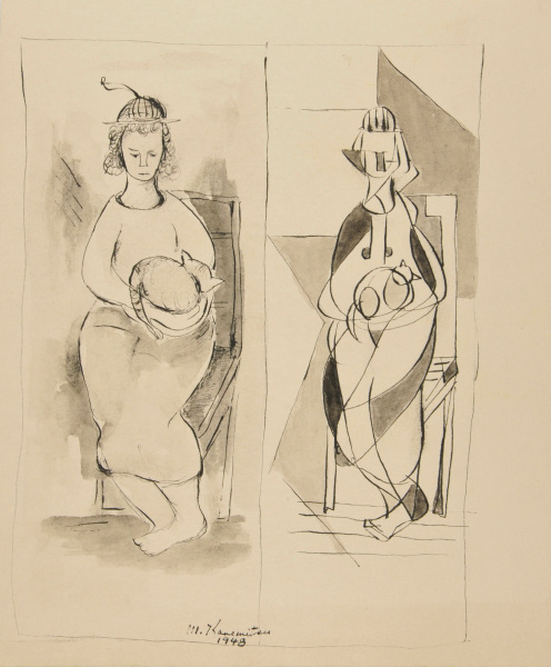 Woman Holding a Cat Rendered Naturalistically and Geometrically in Halved Composition - Image 2