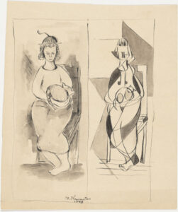 Woman Holding a Cat Rendered Naturalistically and Geometrically in Halved Composition