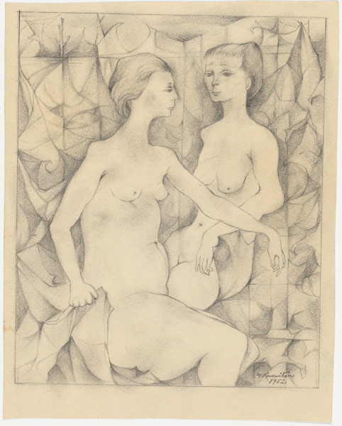 TWO WOMEN AGAINST AN ANGULAR BACKGROUND