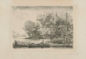 River Landscape with Man Fishing from a Boat