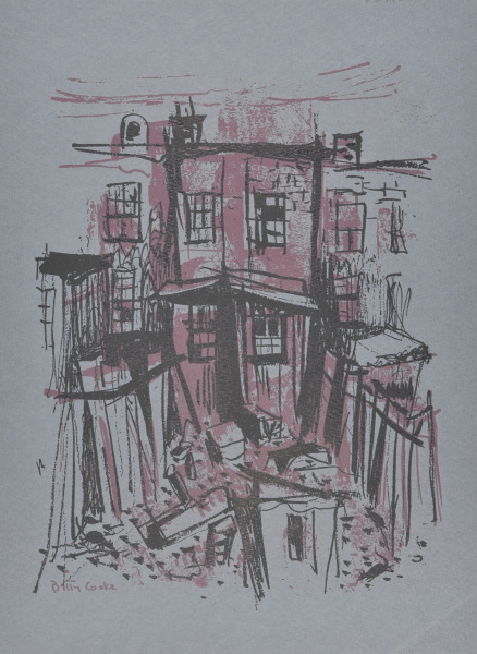 CLUTTERED YARD BEHIND ROW HOUSE