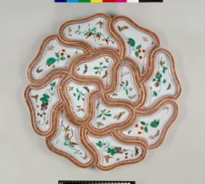 Segmented Plate with Design of Flowers, Fruits, and Butterflies