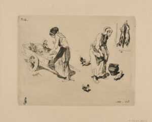 Femme portant un petit enfant posé sur une charrette à bras, femme dans sa basse-cour