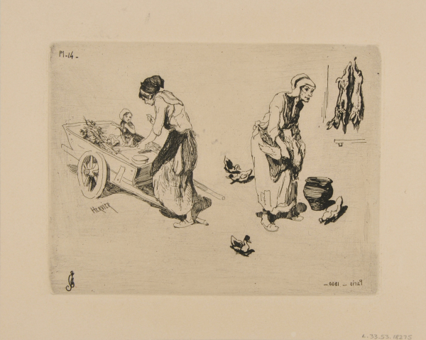 Femme portant un petit enfant posé sur une charrette à bras, femme dans sa basse-cour