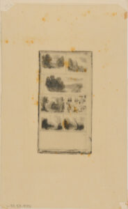 Sept croquis de paysage très petits sur la même planche