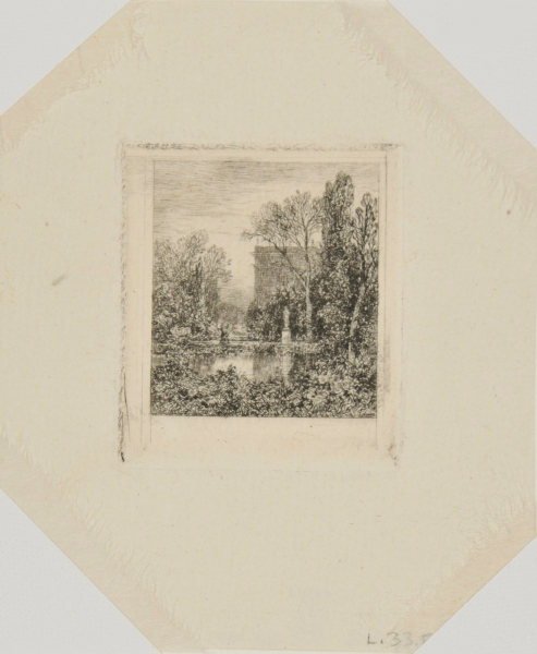 GARDEN WITH A STATUE BESIDE A POOL