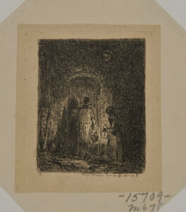 Man and woman holding lantern before a door