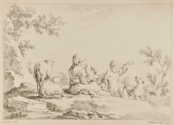 Girl playing bagpipes, boy playing with dog, sheep