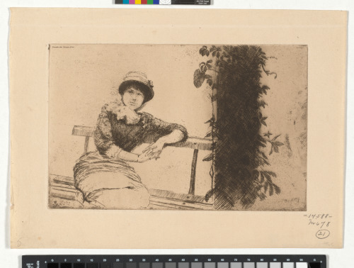 STUDY IN MY GARDEN: WOMAN IN HAT SITTING ON A BENCH