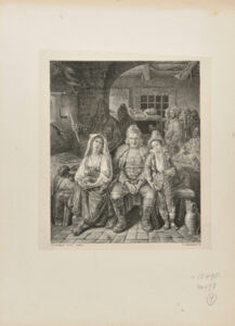 Interior Scene with Man Seated on Bench at Center