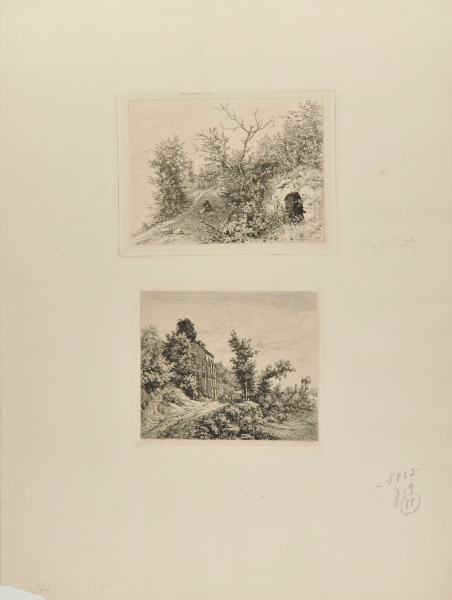 Landscape with Figure Seated on a Hillside [top]; Landscape with Figures near a Cross [bottom]