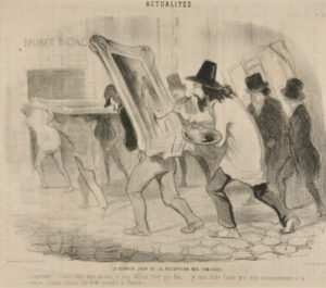 Le dernier jour de la réception des tableaux. – Saperlotte! – nous voici déjà arrivés, et mon tableau n’est pas fini… je suis fâché d’avoir pris mon commissionnaire à la course, j’aurais mieux fait de le prendre à l’heure!….