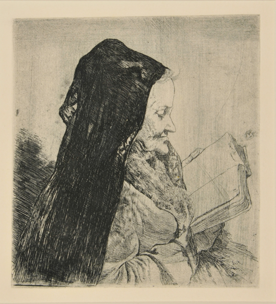 OLD WOMAN IN A BLACK VEIL READING A BOOK