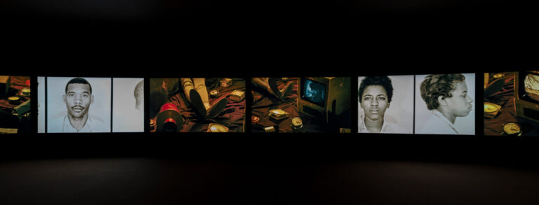 Installation view of John Akomfrah: The Hour Of The Dog. Photo by Mitro Hood.