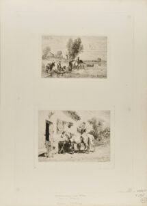 Sheet with two plates: Washerwomen and Horses near a Stream; Horses Feeding