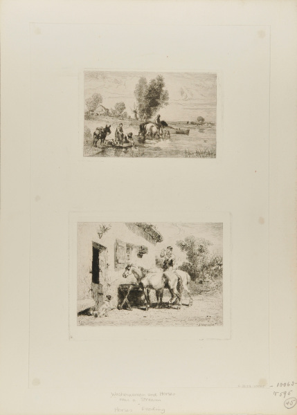 SHEET WITH TWO PLATES: WASHERWOMEN AND HORSES NEAR A STREAM; HORSES FEEDING