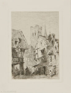 Village scene with church in the background