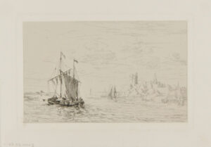 Harbor with boats on the sea and town in the distance