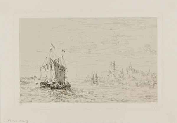 HARBOR WITH BOATS ON THE SEA AND TOWN IN THE DISTANCE