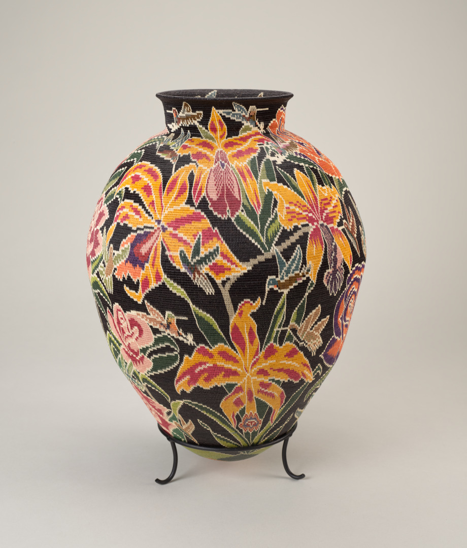 Basket Decorated with Flowers and Hummingbirds