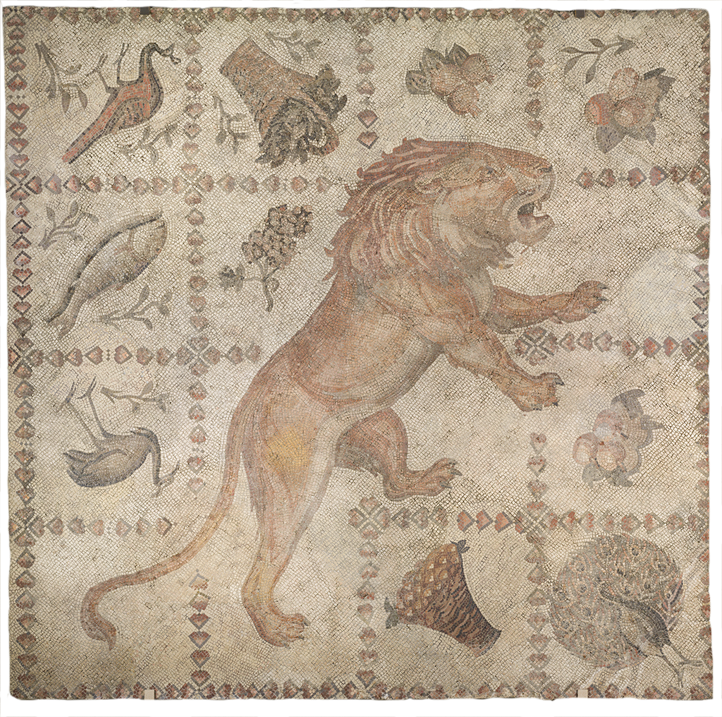 Fragment of floor mosaic depicting a striding lion, birds, and crops
