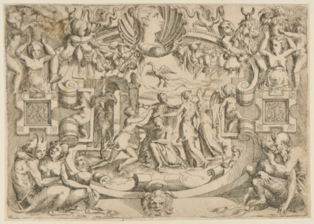 Three Women and a Man Dancing around a Seated Woman, Satyrs in Foreground