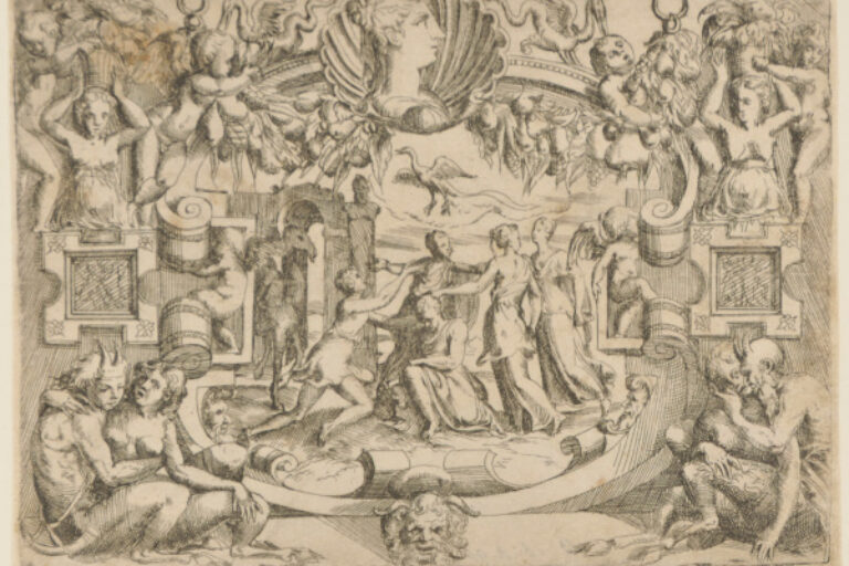 THREE WOMEN AND A MAN DANCING AROUND A SEATED WOMAN, SATYRS IN FOREGROUND