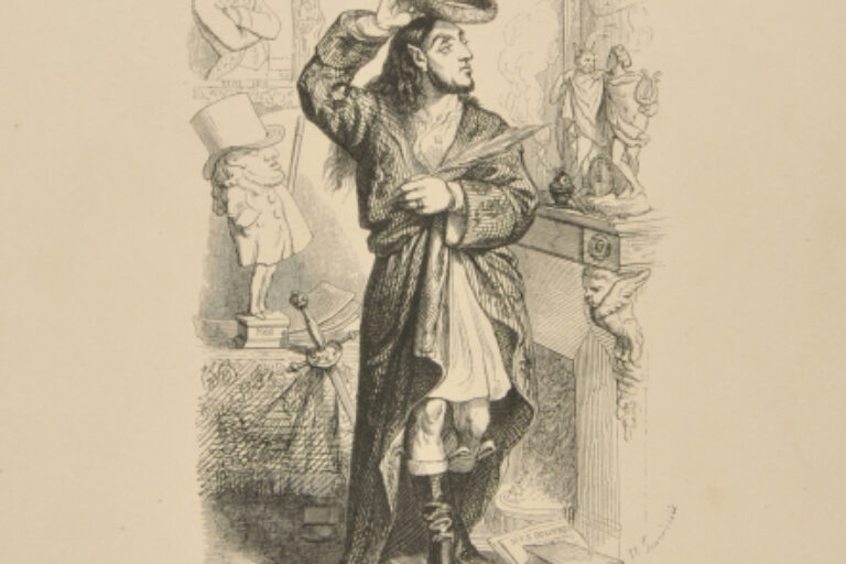 [FIGURE WITH LONG HAIR, WEARING A DRESSSING GOWN, HOLDING A WREATH AND QUILL]