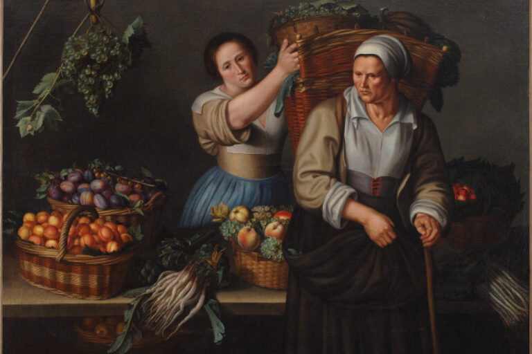 A MARKET STALL WITH A YOUNG WOMAN GIVING A BASKET OF GRAPES TO AN OLDER WOMAN