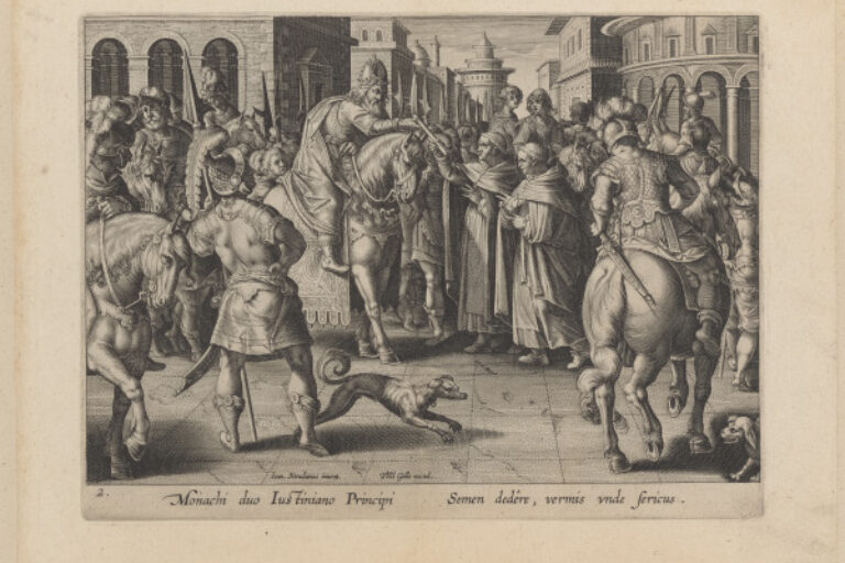 EMPEROR JUSTINIAN RECEIVING THE FIRST IMPORTED SILKWORM EGGS FROM NESTORIAN MONKS